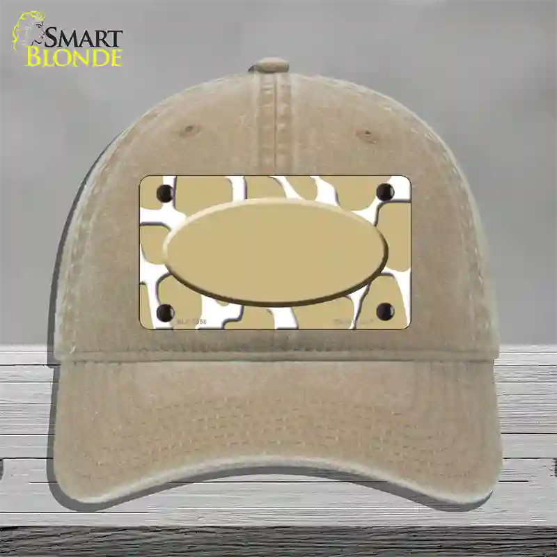 Gold White Giraffe Gold Center Oval Novelty License Plate Hat Unconstructed Cotton / Khaki