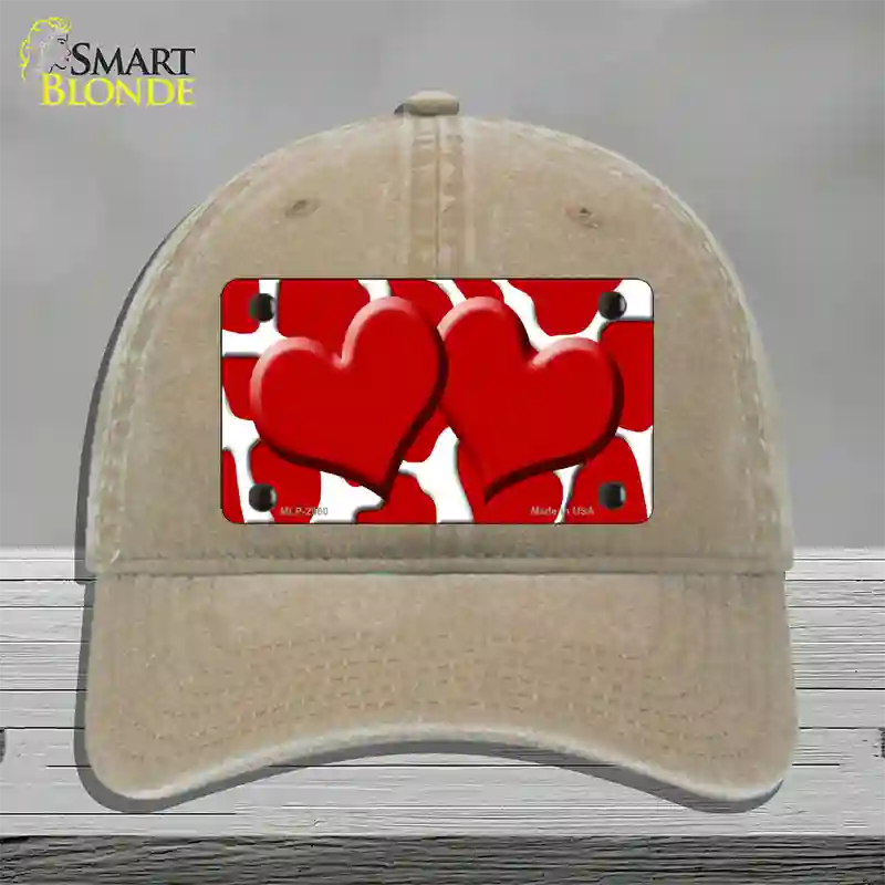 Red White Giraffe Red Centered Hearts Novelty License Plate Hat Unconstructed Cotton / Khaki