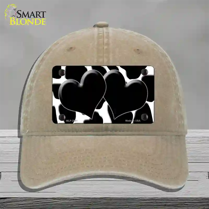 Black White Giraffe Black Centered Hearts Novelty License Plate Hat Unconstructed Cotton / Khaki