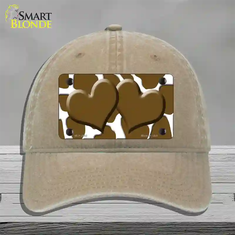 Brown White Giraffe Brown Centered Hearts Novelty License Plate Hat Unconstructed Cotton / Khaki