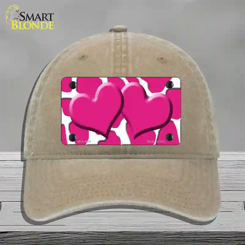 Pink White Giraffe Pink Centered Hearts Novelty License Plate Hat Unconstructed Cotton / Khaki