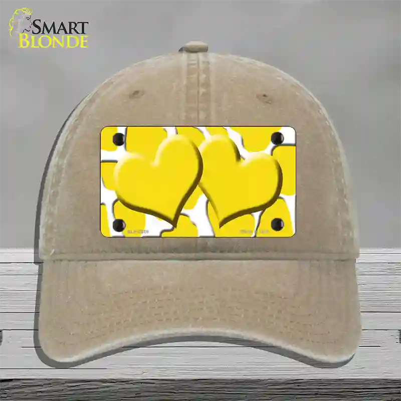 Yellow White Giraffe Yellow Centered Hearts Novelty License Plate Hat Unconstructed Cotton / Khaki