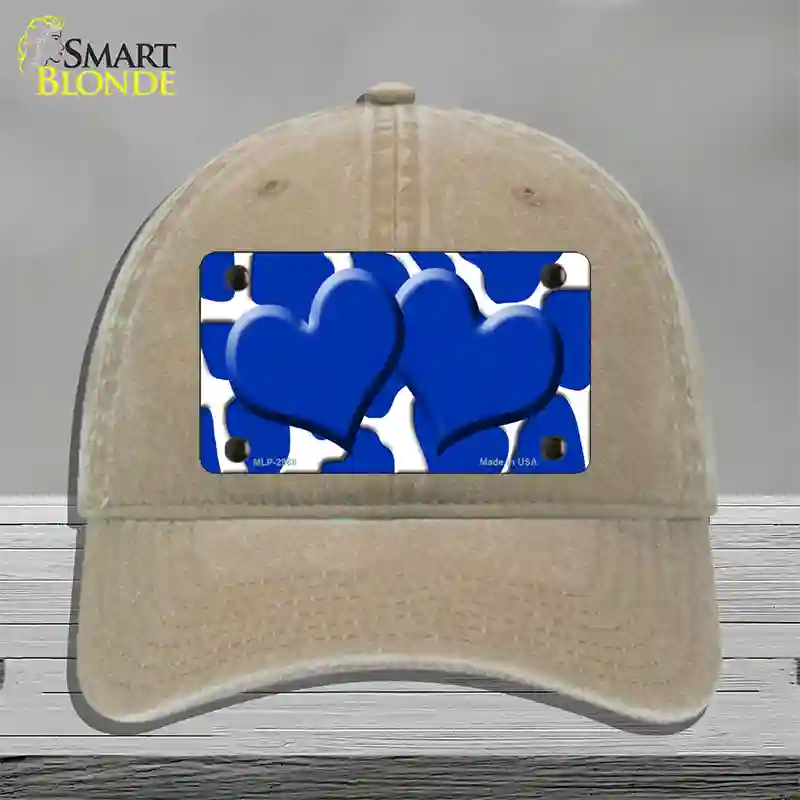 Blue White Giraffe Blue Centered Hearts Novelty License Plate Hat Unconstructed Cotton / Khaki