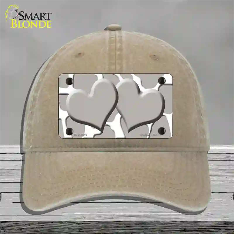 Grey White Giraffe Grey Centered Hearts Novelty License Plate Hat Unconstructed Cotton / Khaki