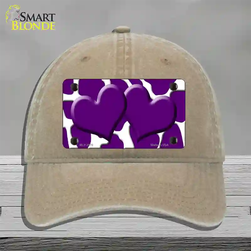 Purple White Giraffe Purple Centered Hearts Novelty License Plate Hat Unconstructed Cotton / Khaki