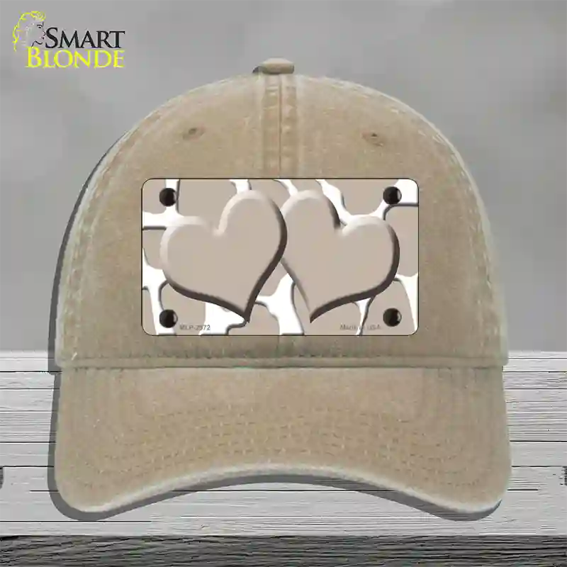 Tan White Giraffe Tan Centered Hearts Novelty License Plate Hat Unconstructed Cotton / Khaki