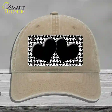 White Black Houndstooth Black Center Hearts Novelty License Plate Hat Unconstructed Cotton / Khaki