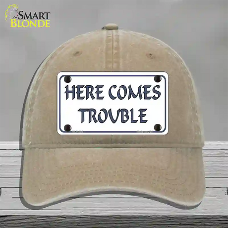 Here Comes Trouble Novelty License Plate Hat Unconstructed Cotton / Khaki