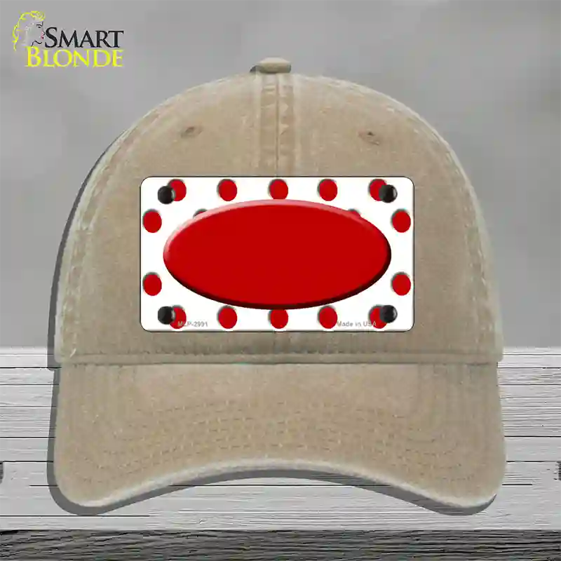 Red White Polka Dot Red Center Oval Novelty License Plate Hat Unconstructed Cotton / Khaki