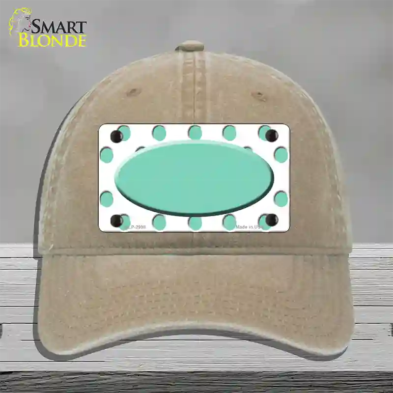 Mint White Polka Dot Teal Center Oval Novelty License Plate Hat Unconstructed Cotton / Khaki