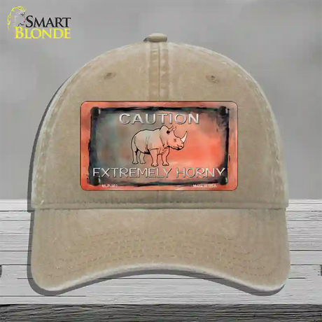 Caution Extremely Horny Novelty License Plate Hat Unconstructed Cotton / Khaki