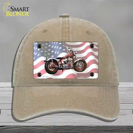 Indian Motorcycle American Flag Novelty License Plate Hat Unconstructed Cotton / Khaki