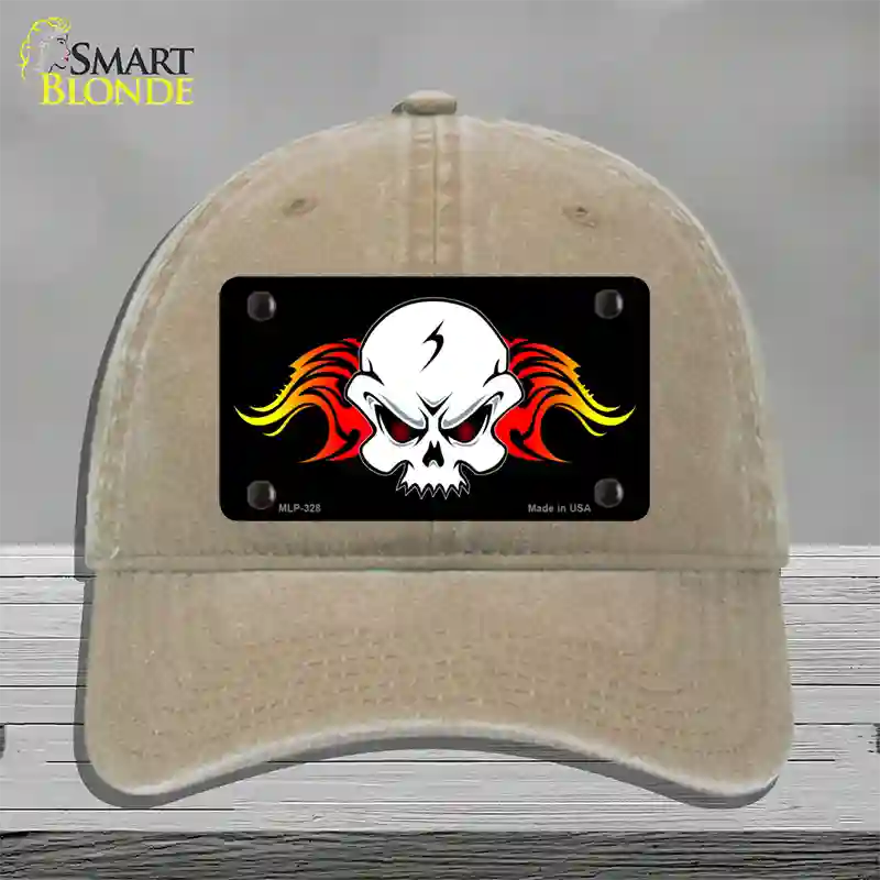 Skull Flame Novelty License Plate Hat Unconstructed Cotton / Khaki