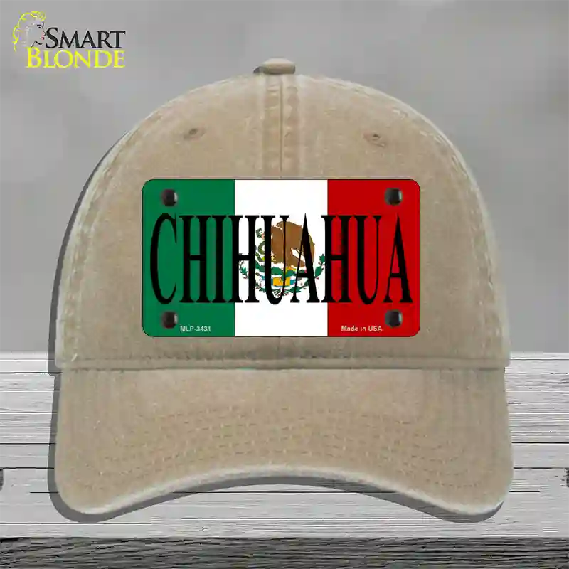 Chihuahua Mexico Flag Novelty License Plate Hat Unconstructed Cotton / Khaki