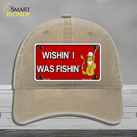 Wishin I Was Fishin Red Novelty License Plate Hat Unconstructed Cotton / Khaki