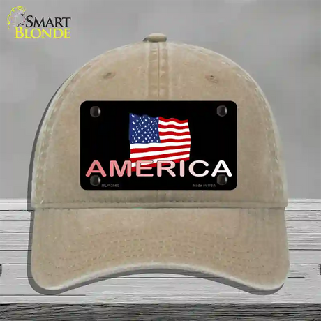 American Flag Black Novelty License Plate Hat Unconstructed Cotton / Khaki