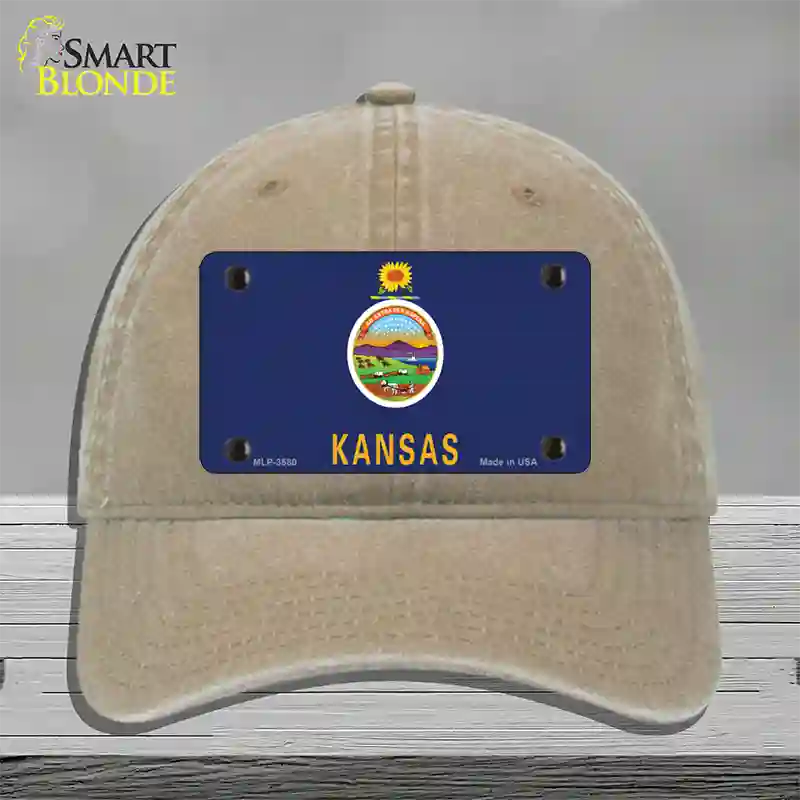 Kansas State Flag Novelty License Plate Hat Unconstructed Cotton / Khaki