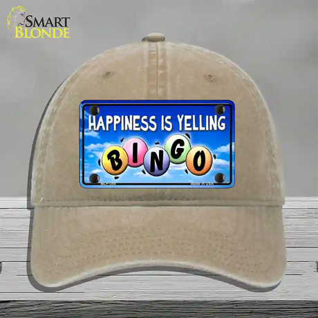 Happiness Is Yelling Bingo Novelty License Plate Hat Unconstructed Cotton / Khaki