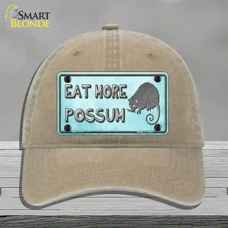 Eat More Possum Novelty License Plate Hat Unconstructed Cotton / Khaki