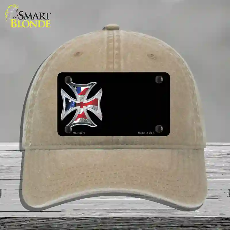 American Flag Maltese Cross Offset Novelty License Plate Hat Unconstructed Cotton / Khaki