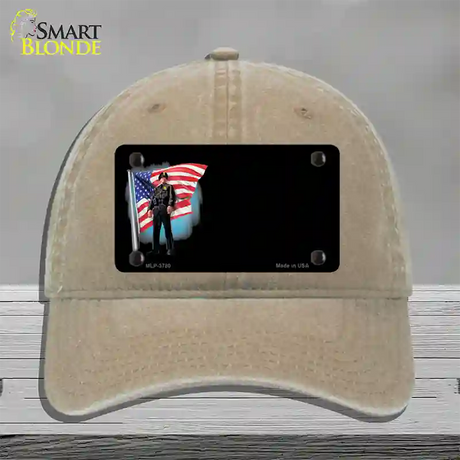 Police Officer American Flag Offset Novelty License Plate Hat Unconstructed Cotton / Khaki