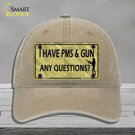 PMS And A Gun Novelty License Plate Hat Unconstructed Cotton / Khaki