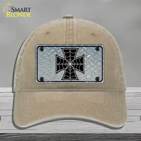 Maltese Cross Spider Web Novelty License Plate Hat Unconstructed Cotton / Khaki