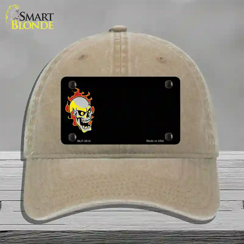 Flaming Skull Offset Novelty License Plate Hat Unconstructed Cotton / Khaki