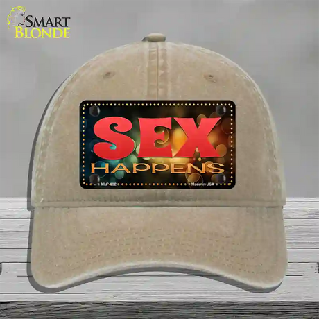 Sex Happens Novelty License Plate Hat Unconstructed Cotton / Khaki