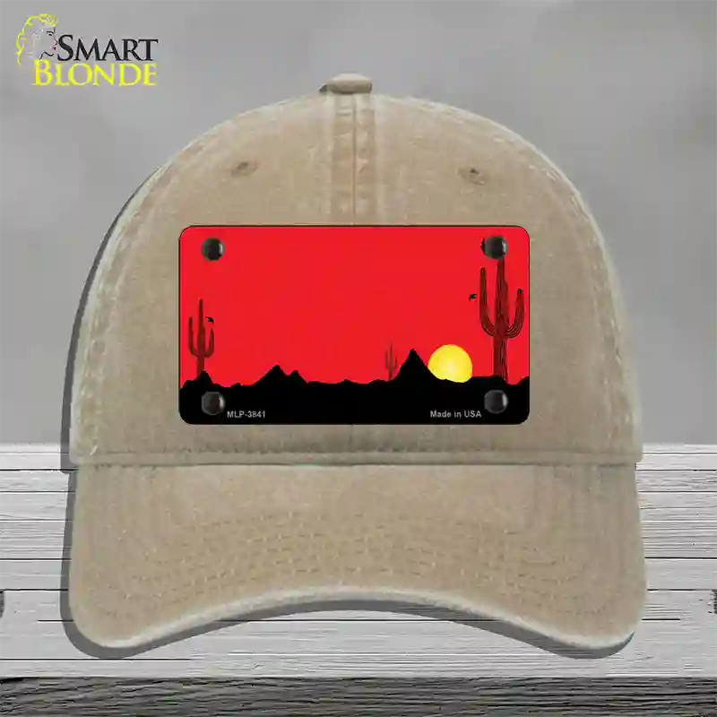 Southwest Cactus Sunrise Red Novelty License Plate Hat Unconstructed Cotton / Khaki