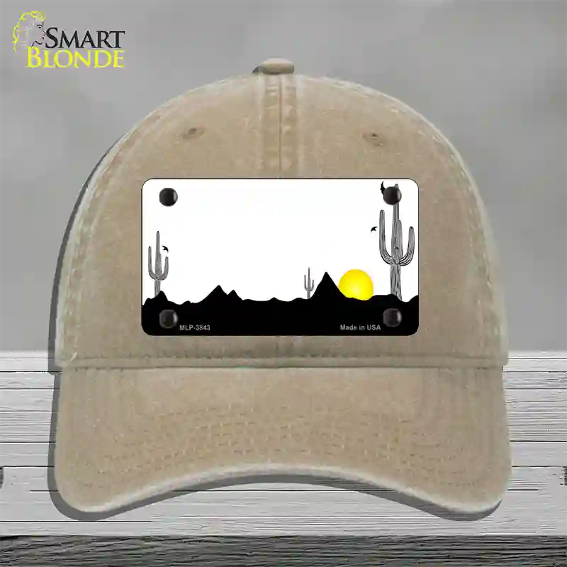 Southwest Cactus Sunrise White Novelty License Plate Hat Unconstructed Cotton / Khaki