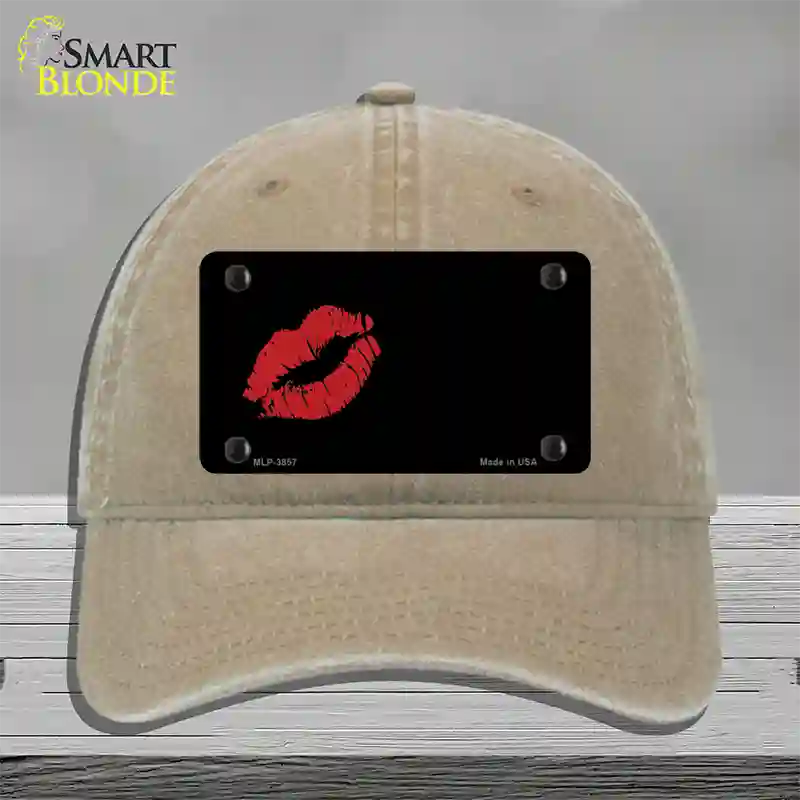 Red Lips Offset Novelty License Plate Hat Unconstructed Cotton / Khaki