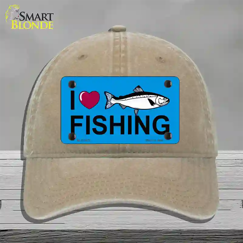 I Love Fishing Novelty License Plate Hat Unconstructed Cotton / Khaki