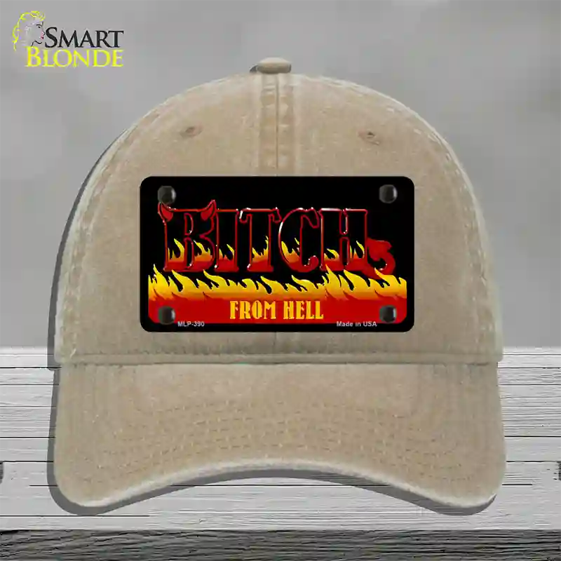 Bitch From Hell Flames Novelty License Plate Hat Unconstructed Cotton / Khaki