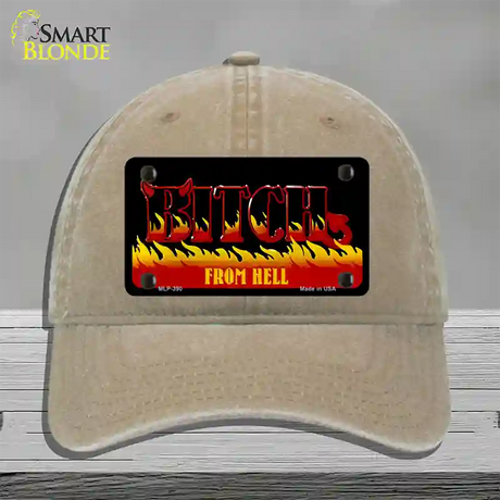 Bitch From Hell Flames Novelty License Plate Hat Unconstructed Cotton / Khaki