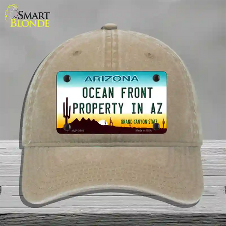 Ocean Front Property Novelty License Plate Hat Unconstructed Cotton / Khaki