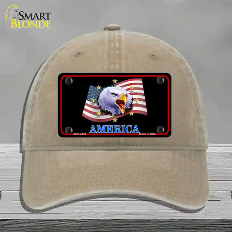 Waving Flag Bald Eagle Black Novelty License Plate Hat Unconstructed Cotton / Khaki