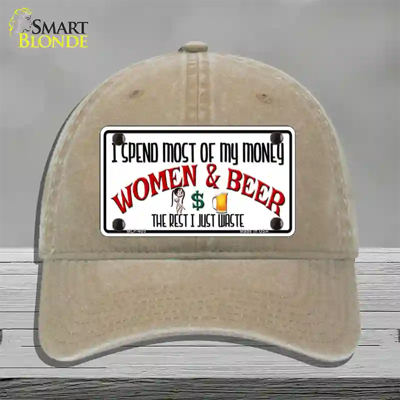 Money On Women And Beer Novelty License Plate Hat Unconstructed Cotton / Khaki