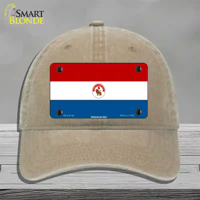 Paraguay-REV Flag Novelty License Plate Hat Unconstructed Cotton / Khaki