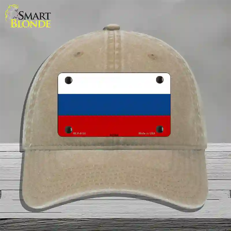 Russia Flag Novelty License Plate Hat Unconstructed Cotton / Khaki