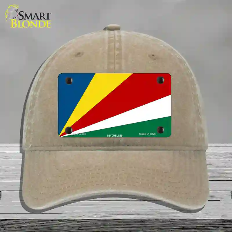 Seychelles Flag Novelty License Plate Hat Unconstructed Cotton / Khaki