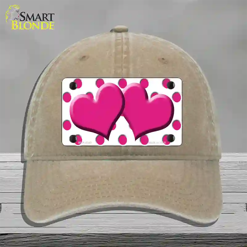 Hot Pink White Polka Dot Hot Pink Centered Hearts Novelty License Plate Hat Unconstructed Cotton / Khaki