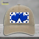 Blue White Polka Dot Blue Centered Hearts Novelty License Plate Hat Unconstructed Cotton / Khaki