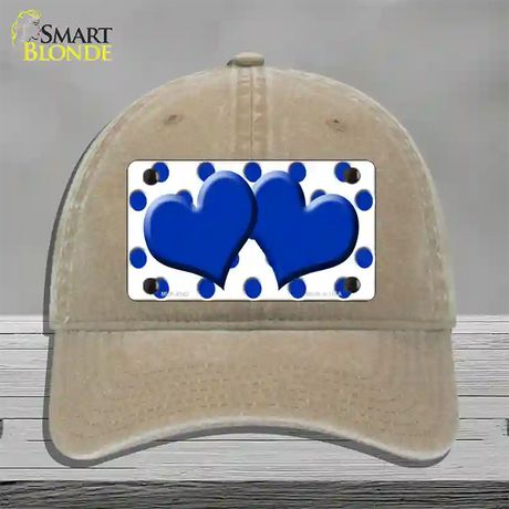 Blue White Polka Dot Blue Centered Hearts Novelty License Plate Hat Unconstructed Cotton / Khaki