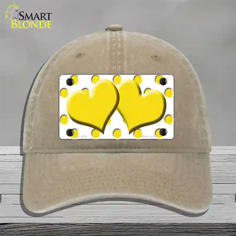 Yellow White Polka Dot Yellow Centered Hearts Novelty License Plate Hat Unconstructed Cotton / Khaki