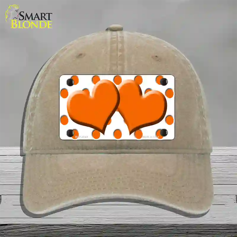 Orange White Polka Dot Orange Centered Hearts Novelty License Plate Hat Unconstructed Cotton / Khaki