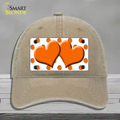 Orange White Polka Dot Orange Centered Hearts Novelty License Plate Hat Unconstructed Cotton / Khaki