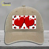 Red White Polka Dot Red Centered Hearts Novelty License Plate Hat Unconstructed Cotton / Khaki