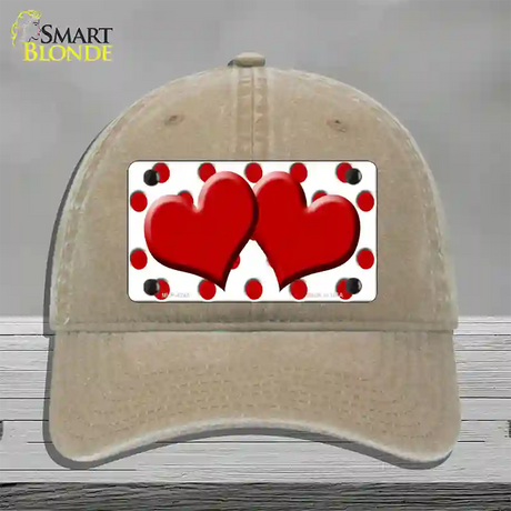 Red White Polka Dot Red Centered Hearts Novelty License Plate Hat Unconstructed Cotton / Khaki