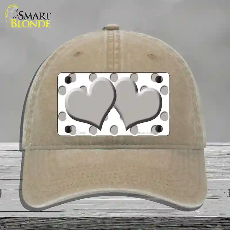 Grey White Polka Dot Grey Centered Hearts Novelty License Plate Hat Unconstructed Cotton / Khaki